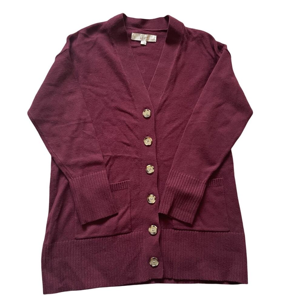 Loft V Neck Pocket Cardigan Size SP Smoked Garnet Cotton Preppy Classic Relaxed